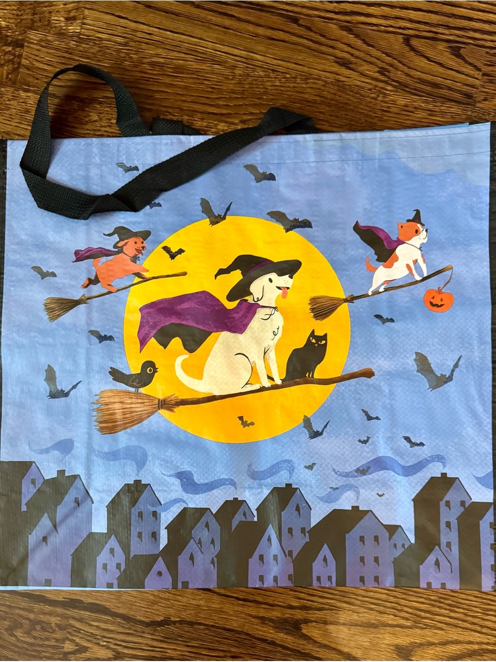 Homegoods TjMaxx Marshalls Reusable Tote Halloween Dog With Purple Cape On Broom